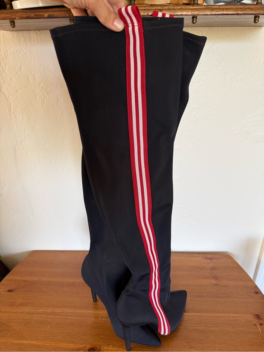 SCHUTZ Black Over-the-Knee Heeled Boots with Red & White Stripes